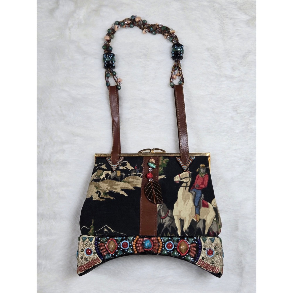 Vintage Western Tapestry Beaded Handbag Cowboy Stagecoach Kiss Lock Boho Purse